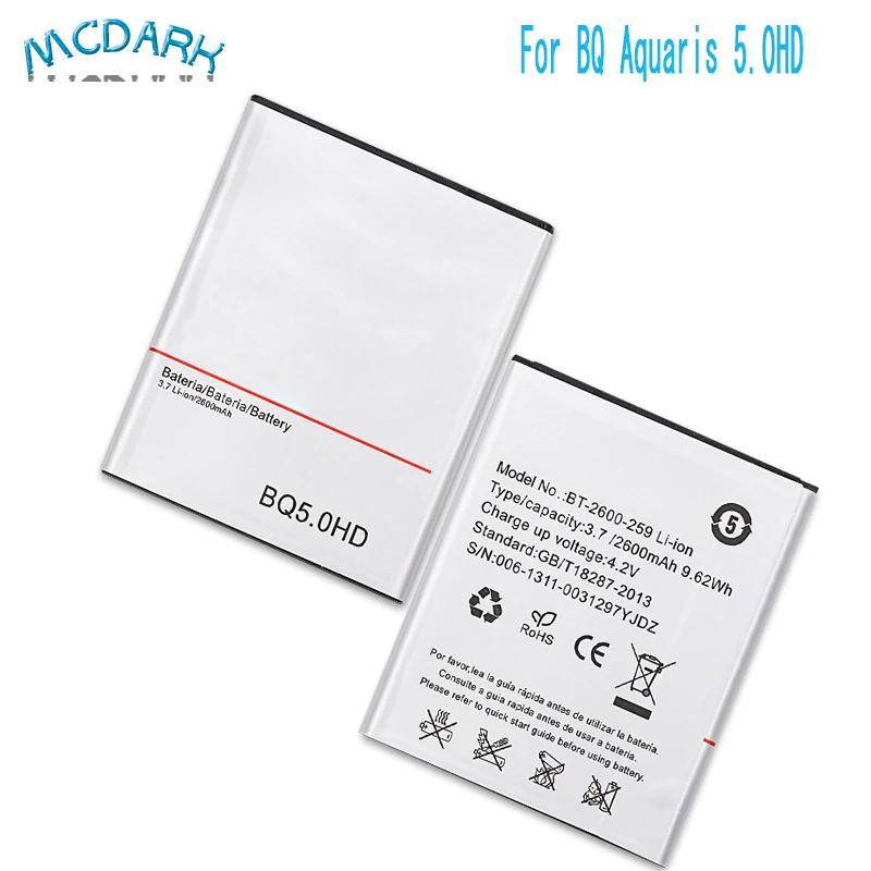 Mcdark 2600 мА/ч высокое качество для BQ Aquaris 5.0HD Батарея запасные батареи сотового
