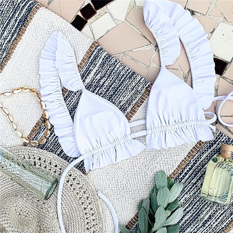 Твердые Бикини с гофрированным верхом 2019 mujer двух Костюм из нескольких предметов