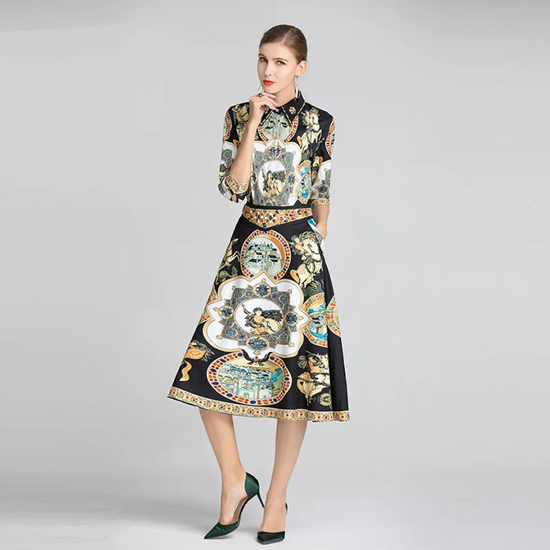 

New Spring and Summer Leisure Elegant Bright Chinese Style Printed Dress Top with Half-length Skirt Suit in 2019