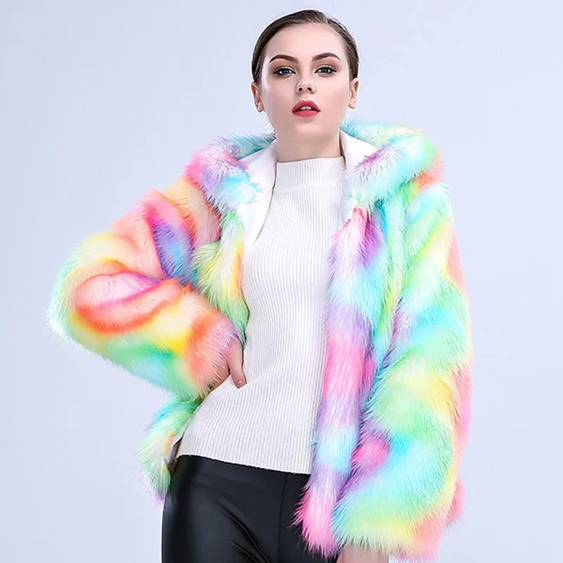 NEW 2018 Autumn Winter Woman Fashion Rainbow Color Faux FOX Fur Jacket Parka With Hood Warm Imitation Fur Coats Female Ls229