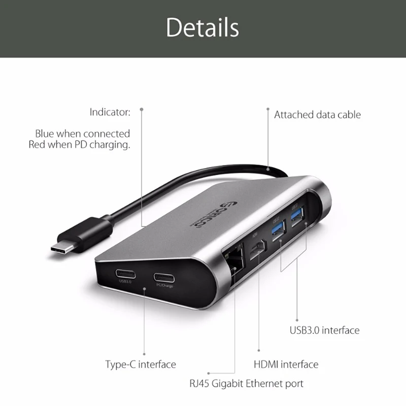 Orico 6 в 1 Алюминиевый сплав 2 Usb 3 0 порта type C концентратор до 4K Hd Hdmi Rj45 Gigabit Ethernet сеть Pd