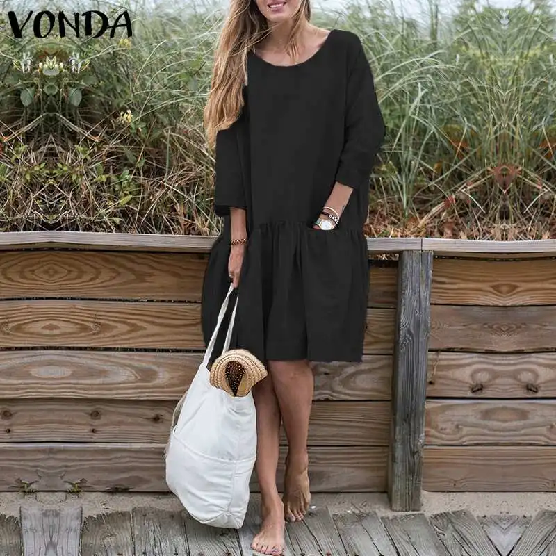 VONDA, Осеннее женское винтажное Хлопковое платье, повседневное свободное платье с карманами, длинным рукавом, пуговицами сзади, платье-рубашка, миди сексуальное платье, мешковатое