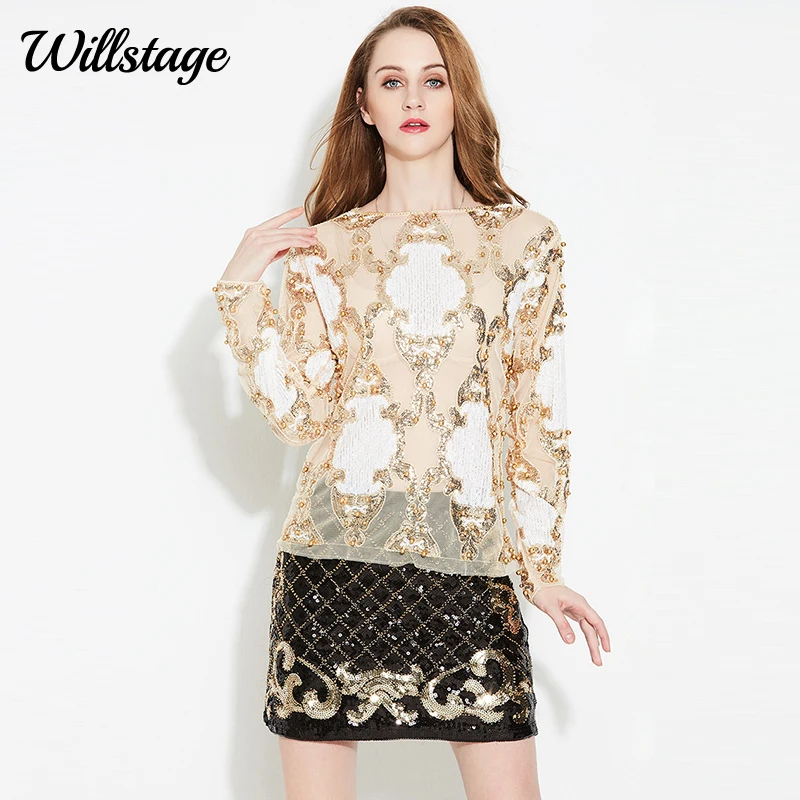 Willstage Блестки Топ Женская футболка с длинным рукавом сетчатая Сексуальная