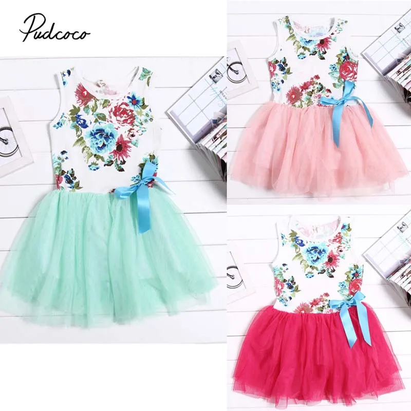 2019 Hot Casual Baby Girls Dress New Summer Sleeveless Party Flowers Print Floral Tops Bow Tulle Tutu Dresses Sundress 1-5Y | Детская