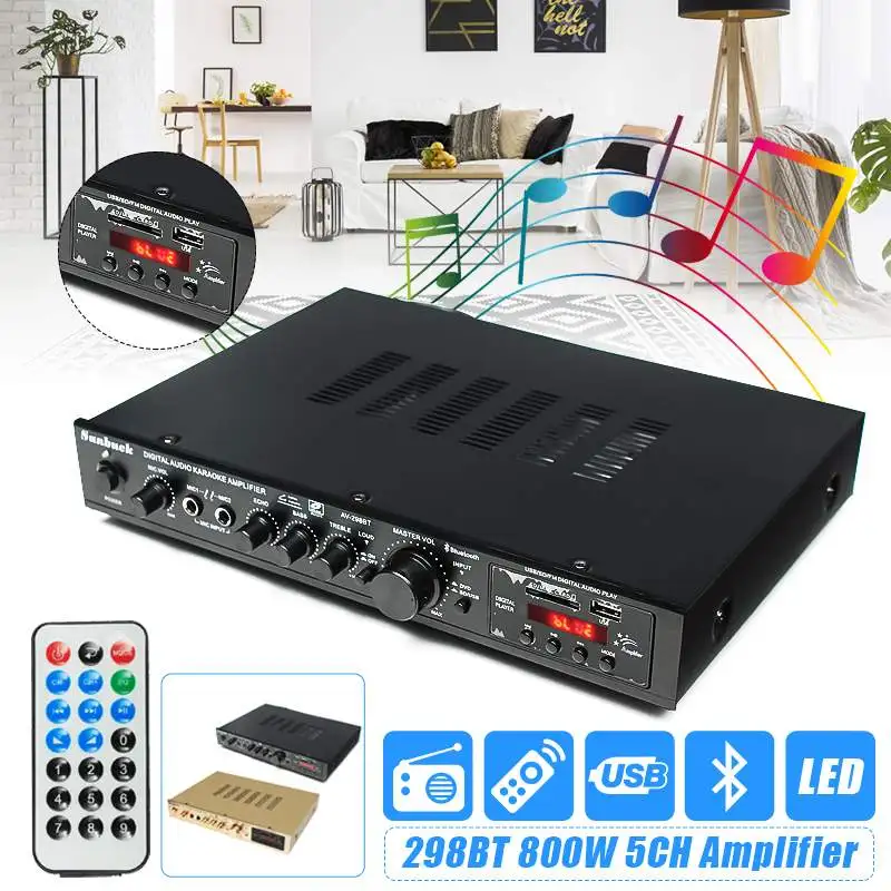 Bluetooth 298BT усилитель мощности с ЖК-дисплеем аудио HiFi 800 Вт 220 В-240 В 50 Гц 5CH домашний кинотеатр FM радио Поддержка SD/USB