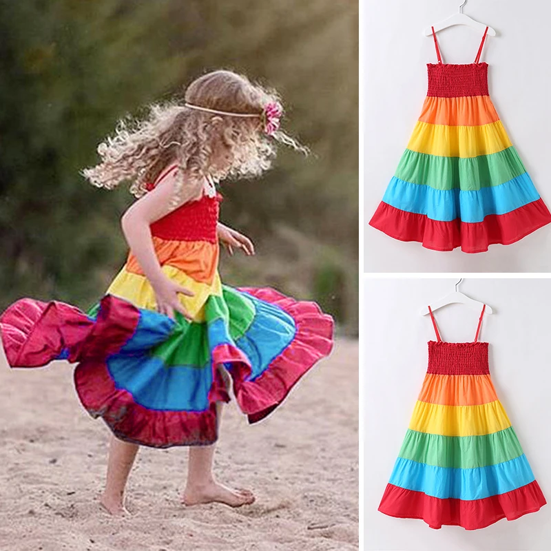 1 * разноцветное платье Детское пляжное на бретельках радужной расцветки для