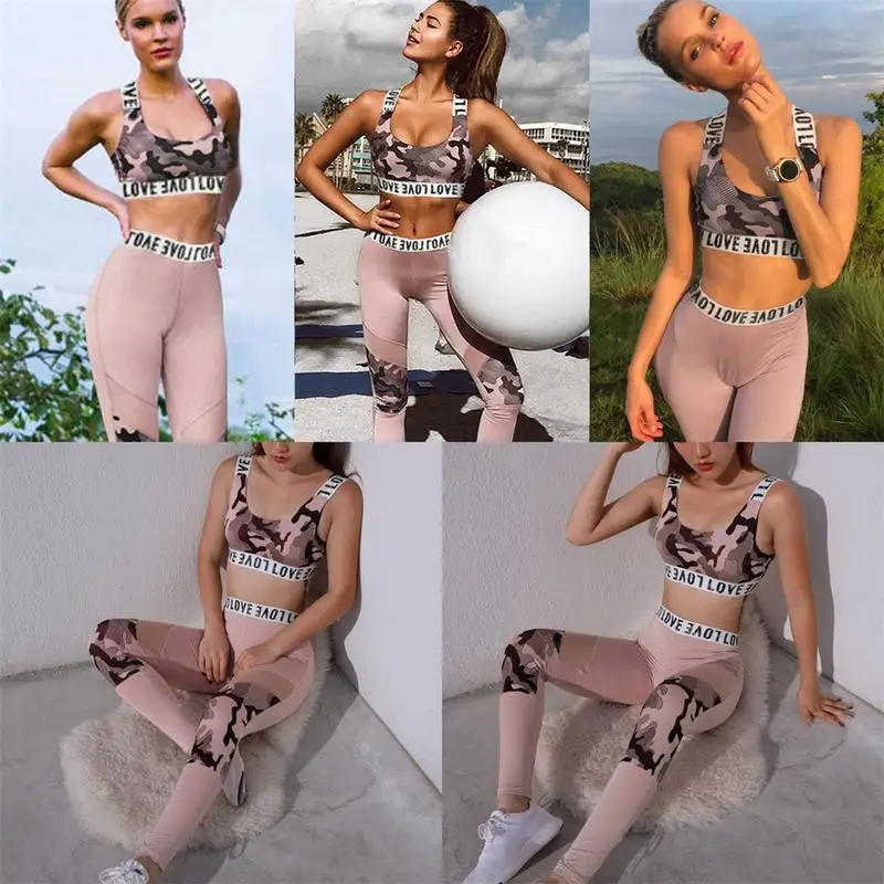2 шт. женская спортивная одежда с камуфляжным принтом жилет майка длинные штаны