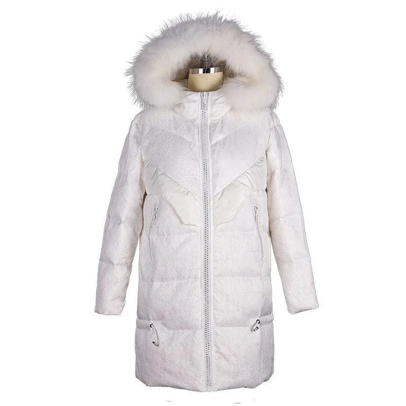 Women Winter White Big Fur Collar Duck Down Parka Warm Coat Jacket Female 2019 New Fashion Vintage Over The Knee Outerwear HJ63