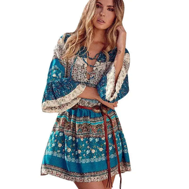 Boho Летнее платье с коротким рукавом цветочный принт v образный вырез на шнуровке