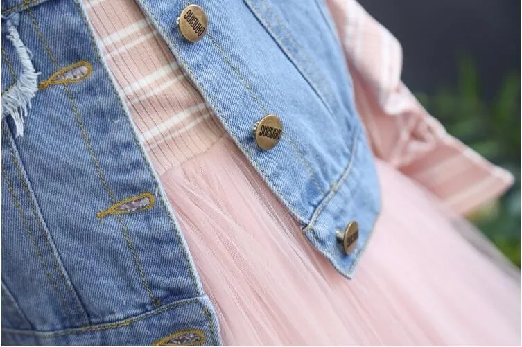 spring girl long sleeve dress pink tulle for kids dresses girl's clothing Denim Vest embroidery flower princess | Детская одежда и