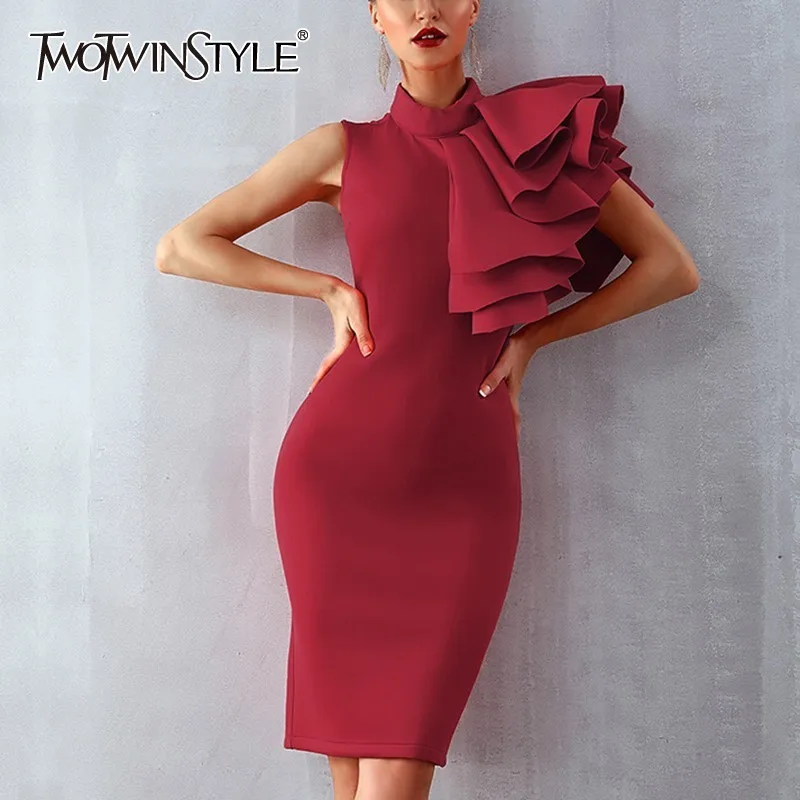 TWOTWINSTYLE Ruffles Off Shoulder Knee Length Dress Women Stand Sleeveless High Waist Bodycon Dresses Female Fashion 2020 Spring | Женская