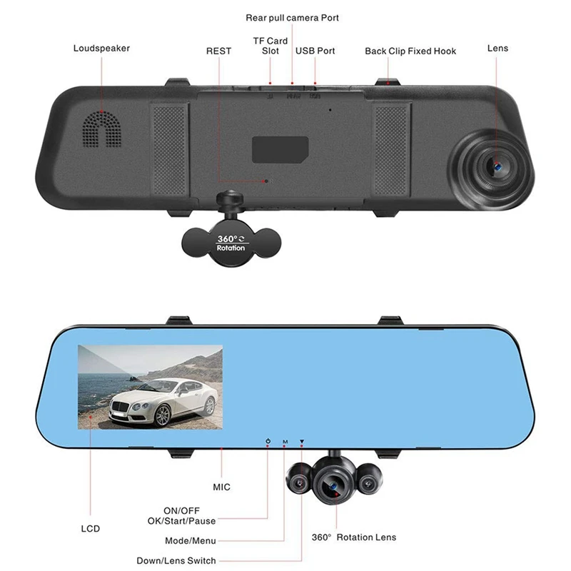 4.0 Lcd Hd 1080P Three-Record Rearview Mirror Car Video Camera Driving Recorder With Three Lens For Vehicles Front &amp Rear View |