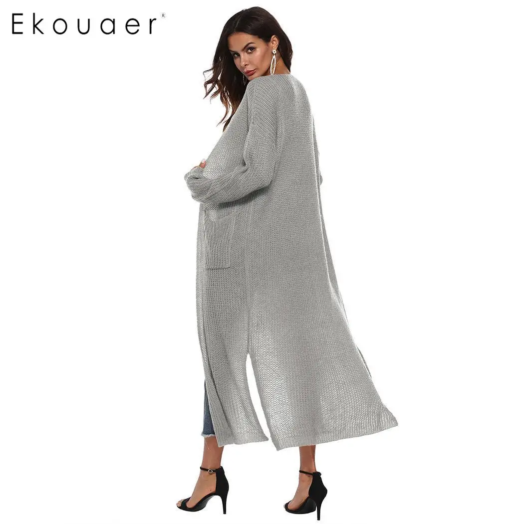 Ekouaer вязаный кардиган модный длинный свитер спереди открытый однотонный