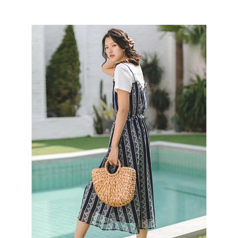 INMAN 2019 Summer New Arrival White O-neck Short Sleeve T-shirt Retro Lacing Dress Casual Women Two Pieces Suit | Женская одежда