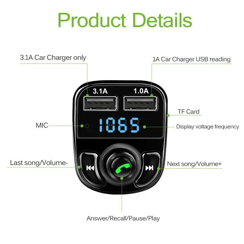 Автомобильный FM трансмиттер AOZBZ с двумя USB портами модулятор Aux Bluetooth