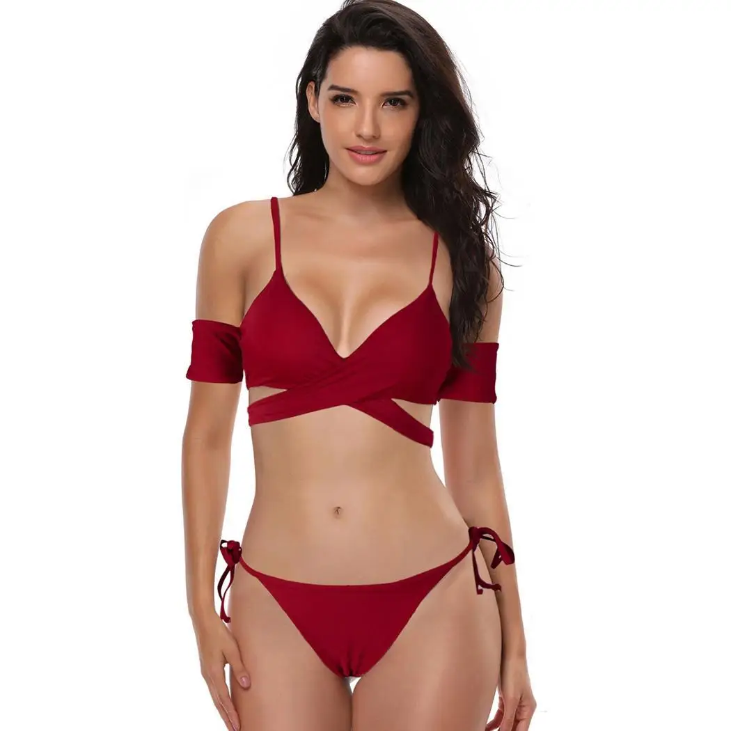 2018 женский бразильский комплект бикини с пуш-ап винно-красный черный купальник