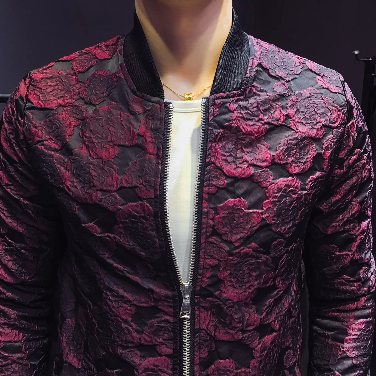 

2020 Bomber Jackets Luxury Wine Red Black Party Suit Jacket Club Bar Flower Jacket Men Vintage 4XL