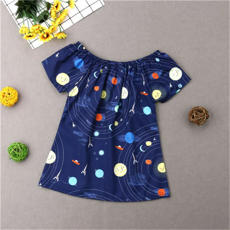 Летнее Детское повседневное темно-синее платье с рисунком космоса для девочек