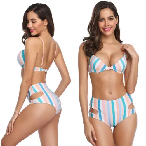 Сексуальное горячее женское бикини пуш ап с высокой талией в полоску открытой