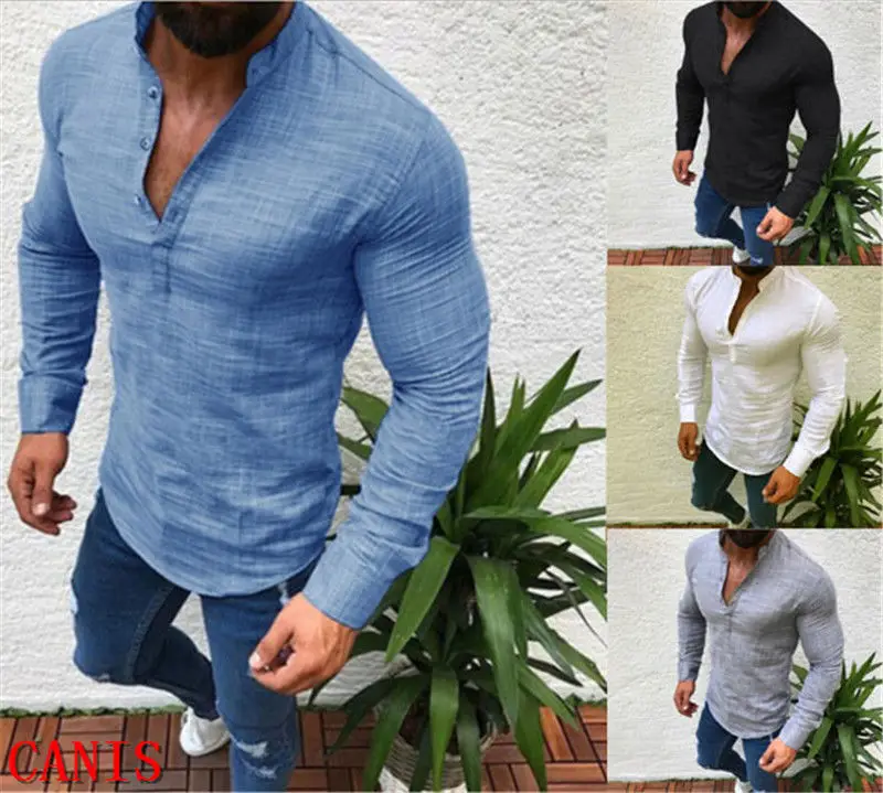 Men's Slim Fit V Neck Long Sleeve Muscle Tee T-shirt Casual Cotton Linen Tops T-shirts Men Clothes Fashion | Мужская одежда