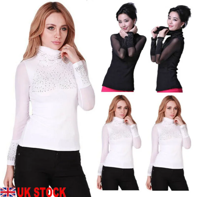 2019 New Brand Fashion UK Women's Sexy Rhinestone Turtle Neck Sweater Long Sleeve Slim Oversize | Женская одежда