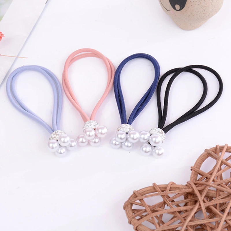 

1PC/3PCS Unique Navy Blue Korean Pink Pearl Adjustable Blue Black Elastic Hair Rope Valentines Gift