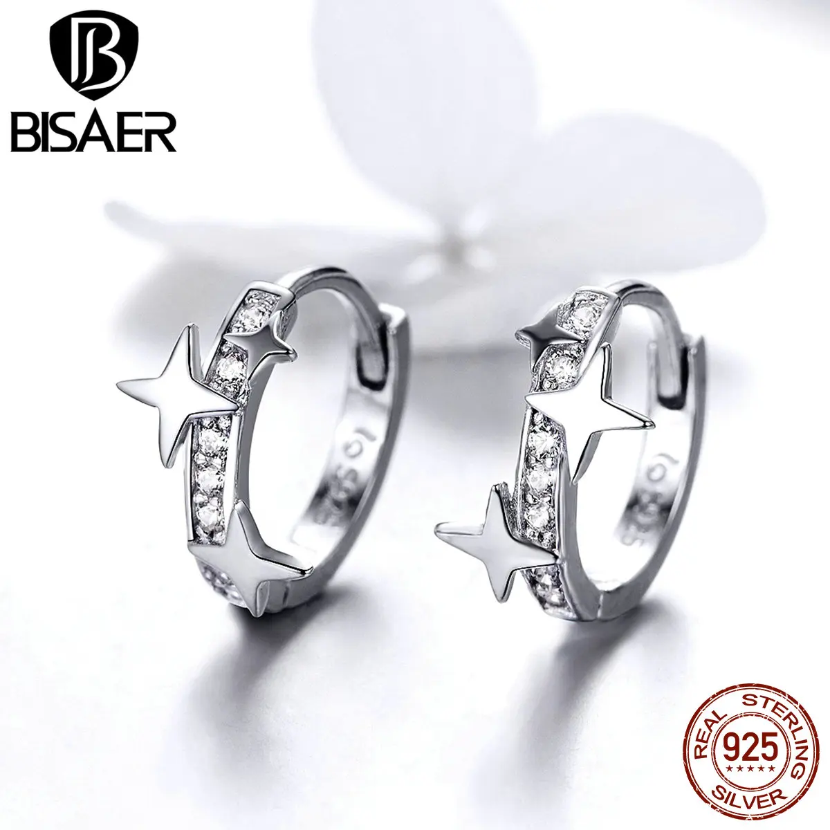 BISAER 100% 925 пробы серебро сияющей Звезды Ясно CZ серьги гвоздики Для женщин