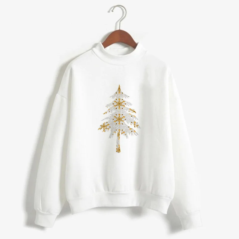 Fashion Christmas Printing High-collar Long Sleeves Pullovers Casual Solid White Sweatshirts with Cartoon Pattern | Женская одежда