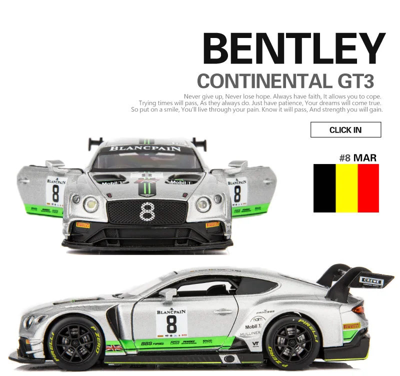 

1:32 Scale/Diecast Metal Toy Model/Blancpain Racing Bentley Continental GT3/Sound & Light Car/Pull back Educational Collection