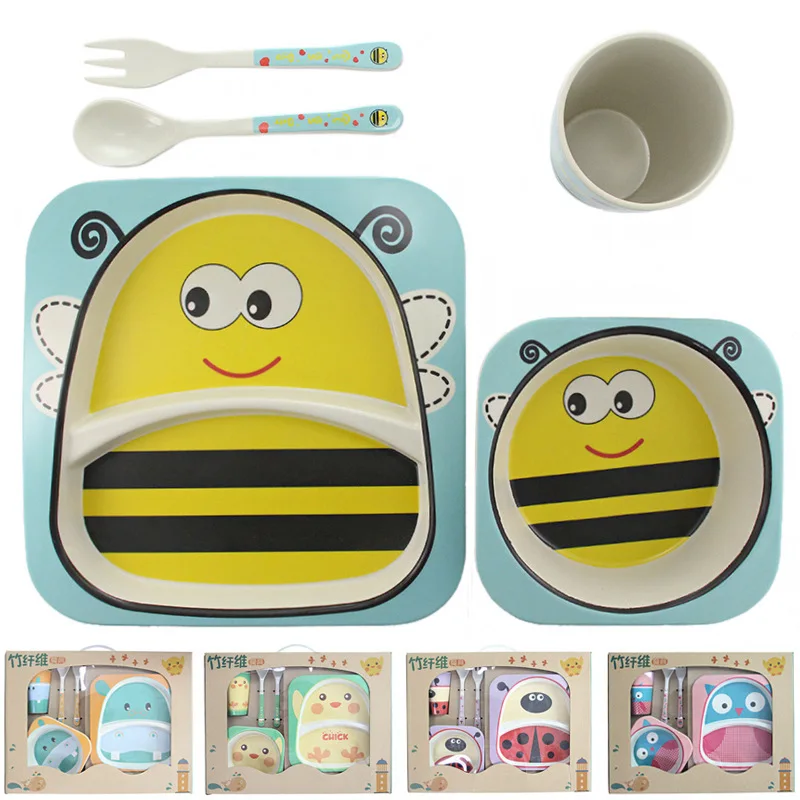 

Lovely Bee 5pcs/set Bamboo Fiber Tableware Non-slip Dinnerware Feeding Kids Dishes Cartoon Plate For Baby Care Children Infant