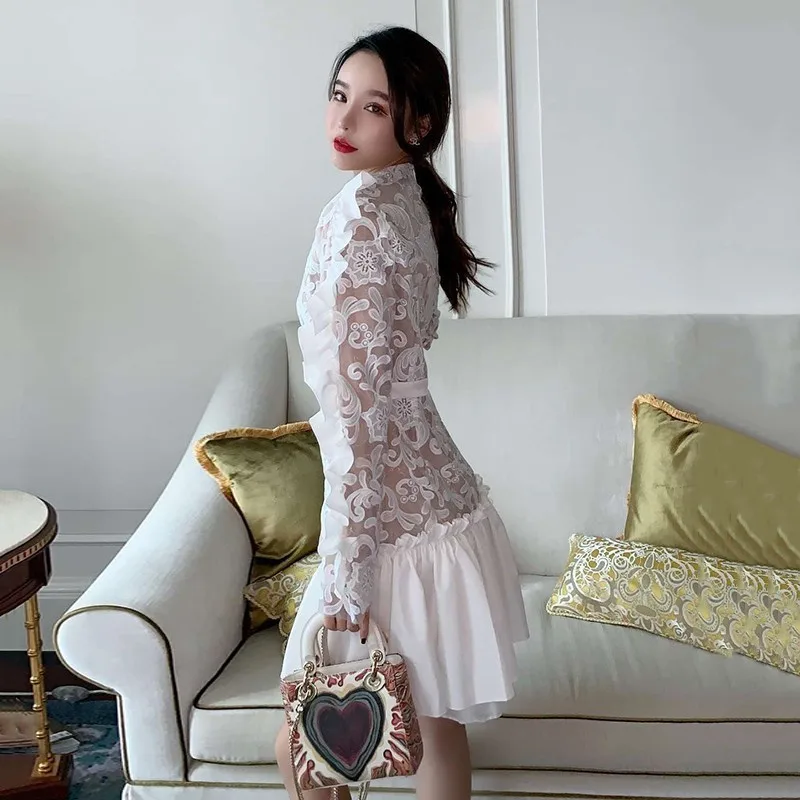 TWOTWINSTYLE 2019 Spring Dresses For Women V Neck Long Sleeve Patchwork Ruffle High Waist Elegant Party Dress Female Fashion | Женская