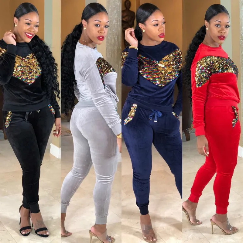 Бархатный костюм с блестками 2 шт. топ и брюки женская одежда повседневная
