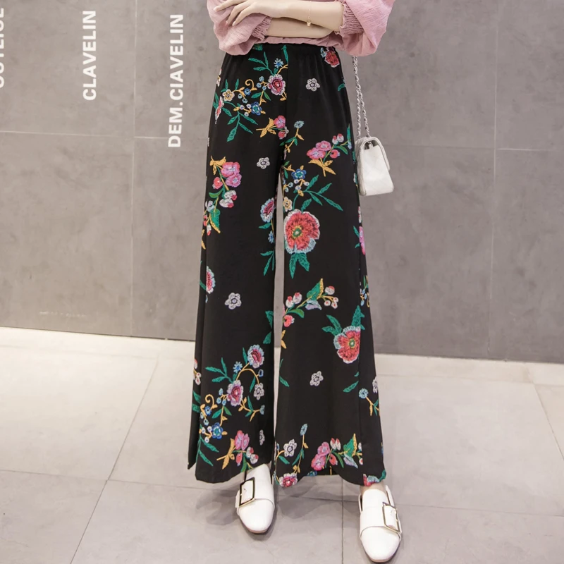 2019 Spring Summer Fashion Female Casual Black Dot Chiffon Wide Leg Pants Women Loose Trousers Elastic High Waist Bohemian | Женская