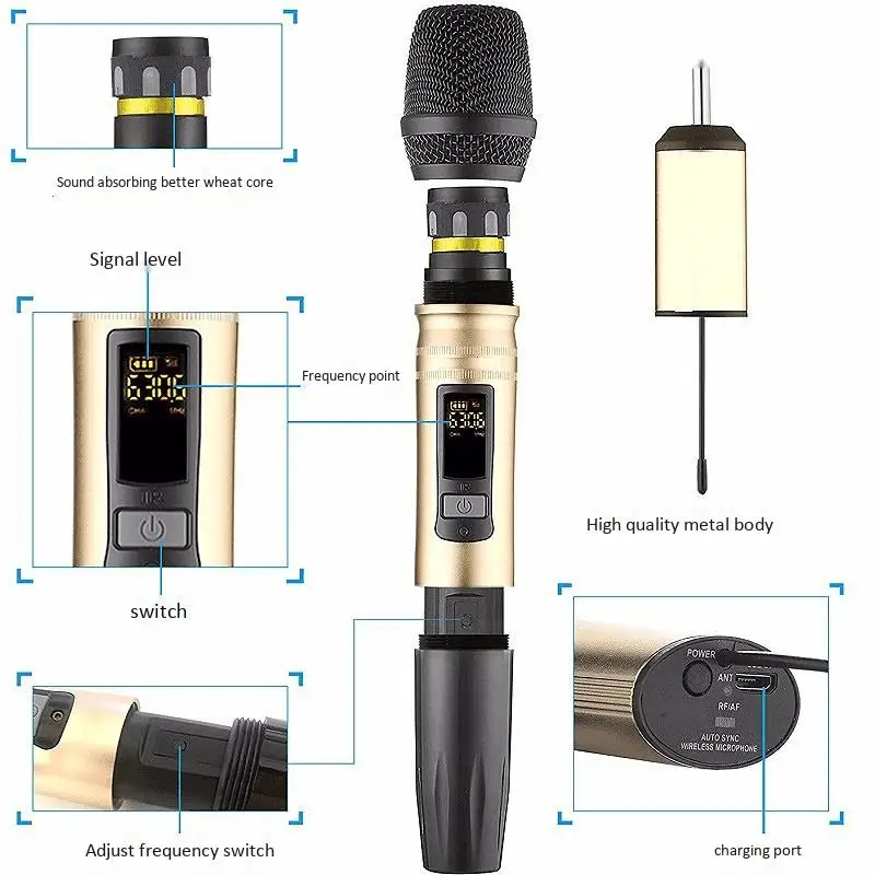 Ux2 Uhf Беспроводная микрофонная система ручной светодиодный микрофон динамик с