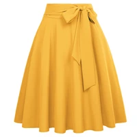 women solid color high waist skirts self tie bow knot embellished big swing keen length elegant retro a line skirt faldas mujer