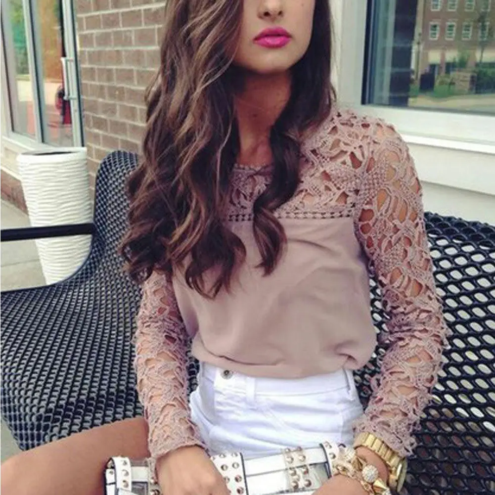 

Lace Blouse Women spring Casual Long sleeve Lace Patchwork Tops Women Blouse Shirt Solid o-veck New Party Female Tops