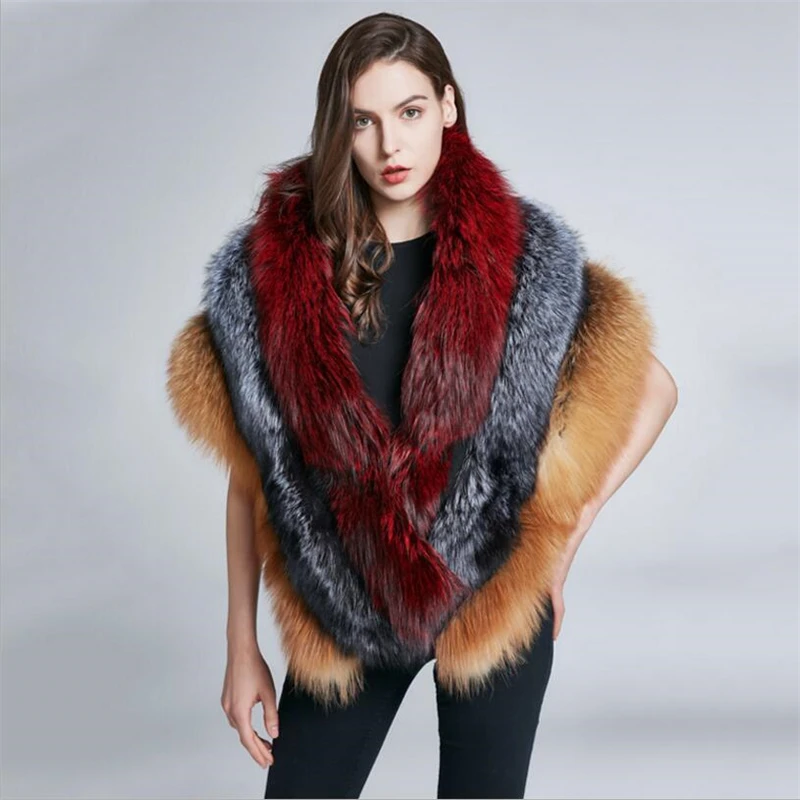 

IANLAN Deluxe Womens Genuine Full-pelt Fox Fur Shawl Wrap Real Silver Fox Fur Long Stoles Winter Thick Warm Fur Shawl IL00426