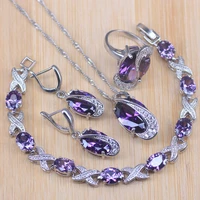risenj silver color jewelry sets for women wedding purple crystal earrings bracelet rings necklace pendant drop shipping