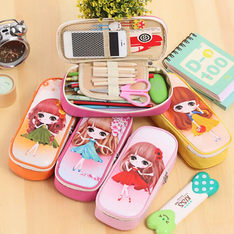Kawaii Girl Design School Pencil Case Large Capacity Bag PU Leather For Children Student Pen Box Stationery Supplies | Канцтовары для