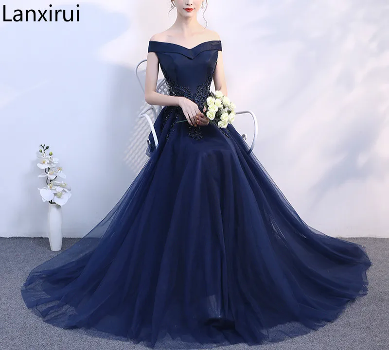 Vintage Navy Blue Women Girls Lace Dresses Elegant Appliques Beadig Long Evening Party Dresses Formal Dress