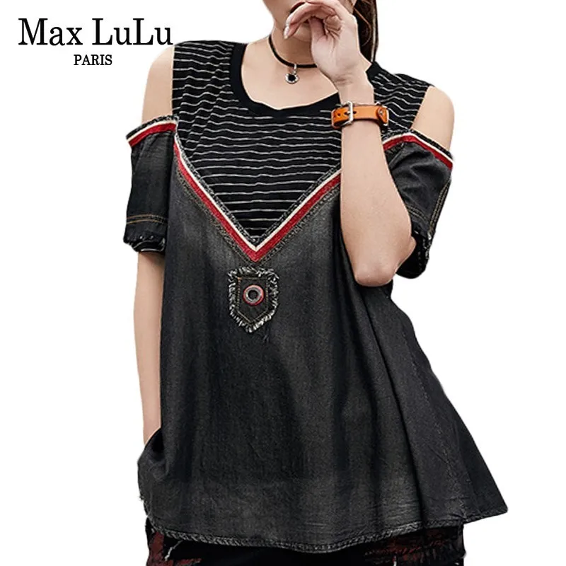 Футболка Max LuLu женская джинсовая модный топ с открытыми плечами в Корейском стиле