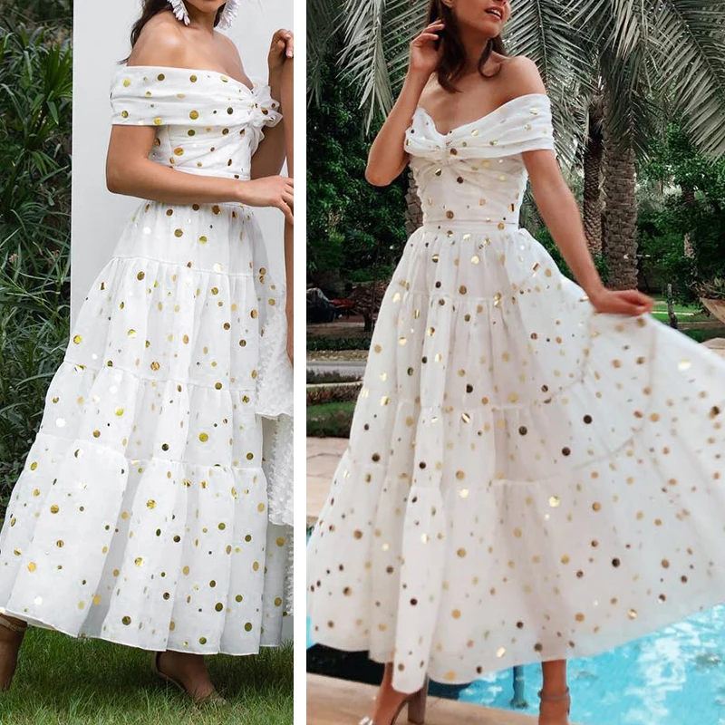 Женское летнее сексуальное платье с открытыми плечами в горошек милое принцессы