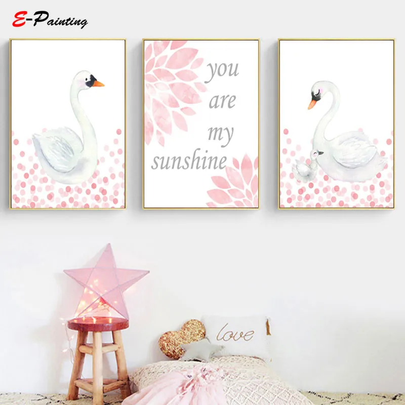 Modern Swan Wall Art Print Baby Girl Nursery Decor Pink and White Girls Bedroom Canvas Painting Prints Unframed | Дом и сад