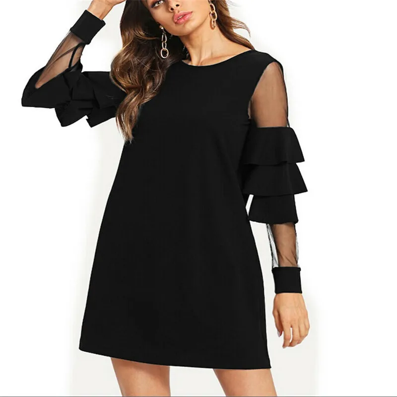 New 2019 Women Mesh Dress Sundress Fashion Long Flare Sleeve Ladies Casual Loose Short Females High Waist Elegant Vestido | Женская