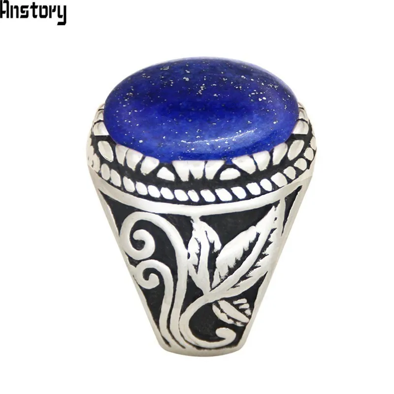 Oval Lapis Lazuli Stainless Steel Rings Natural Stone Leaf Plant Vintage Fashion Jewelry TR730 |