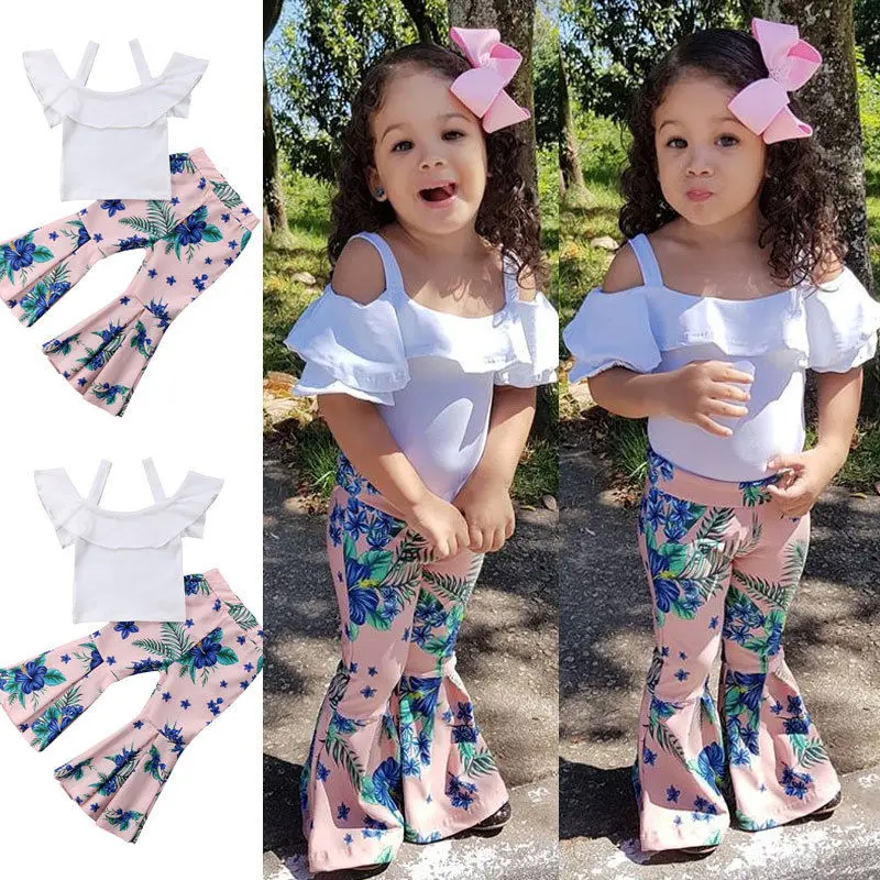 Лето 2019 одежда для малышей расклешенные брюки топ маленьких девочек футболка +