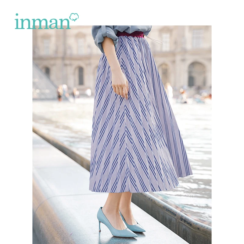 INMAN весна осень высокая талия тонкая ретро полосатая повседневная универсальная