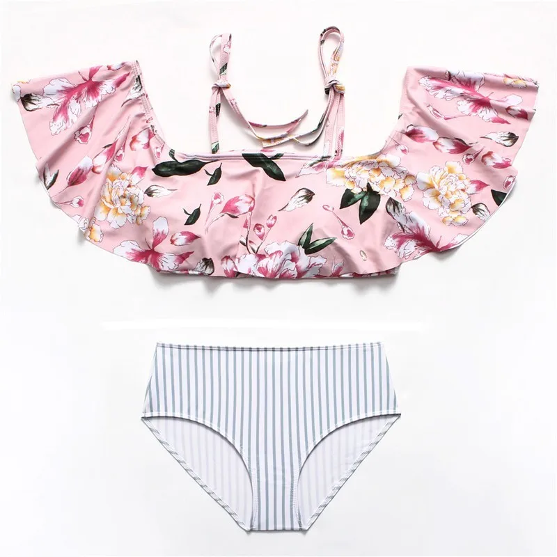 Новый Цветочный комплект бикини с оборками сбоку женский полосатый купальник до