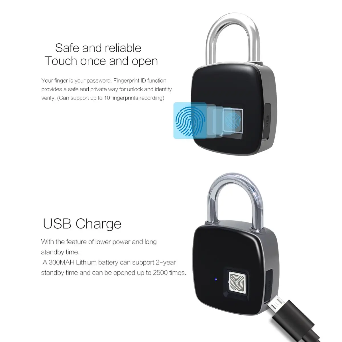 USB Перезаряжаемый смарт-замок без ключа с защитой от отпечатков пальцев