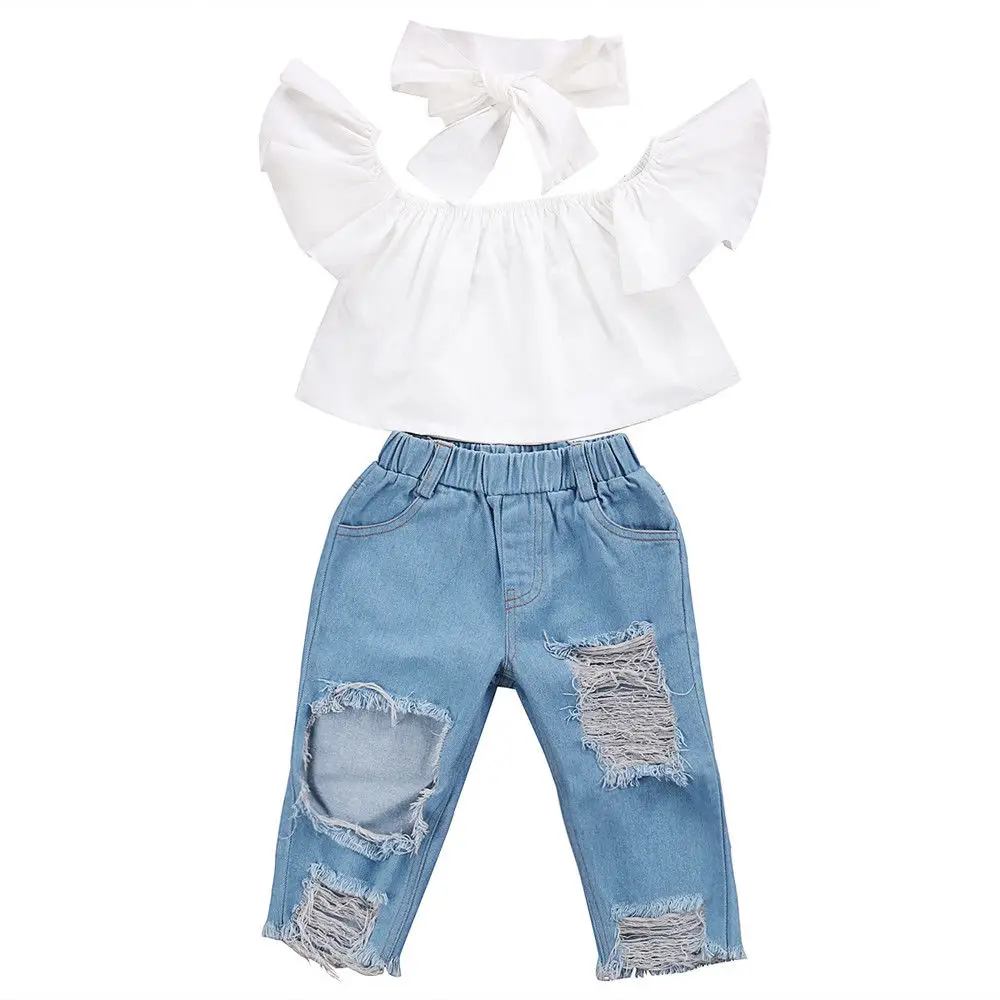 

2019 Fashion Toddler Girls Kids Off Shoulder Tube Tops + Denim Pants+ Handband 3pcs Outfits Set Clothes